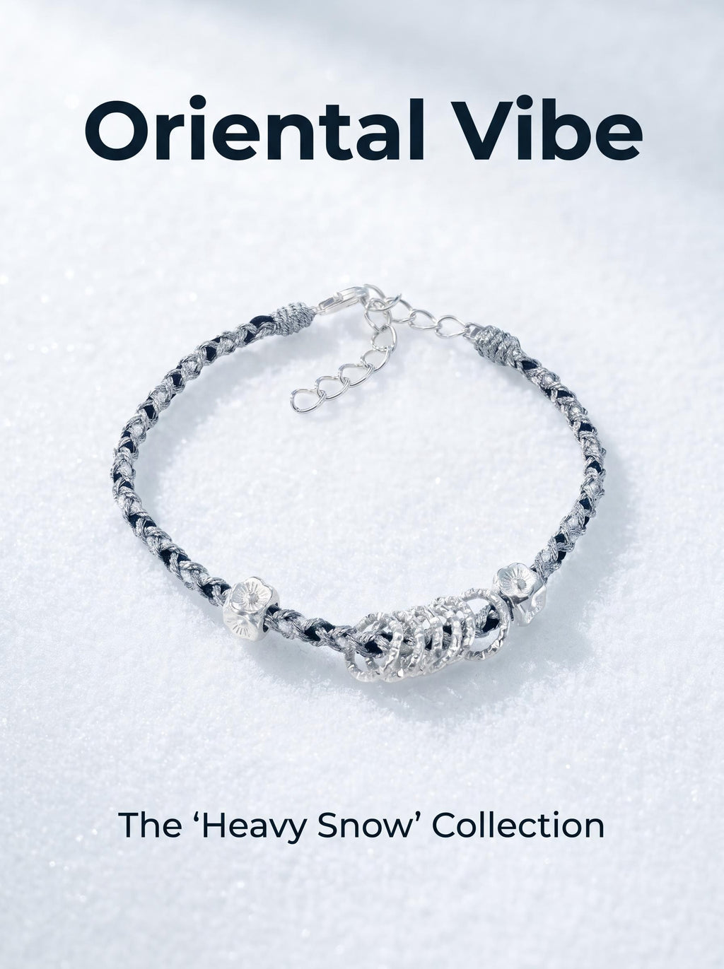 ORIENTAL VIBE | "Heavy Snow" Hand-Woven Dragon Scale Bracelet, Featuring Silvery Rings & Relief-Sculpted Blossom, with a Sleek Metallic Clasp