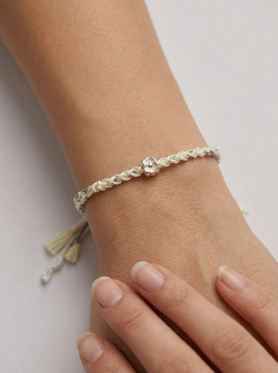 ORIENTAL VIBE | White Dew Handcrafted Dragon Scale Bracelet Inlaid with 3D Micro-Carved Silver Floral Motif, Finished with Four Silk Tassel Dewdrops, Adjustable