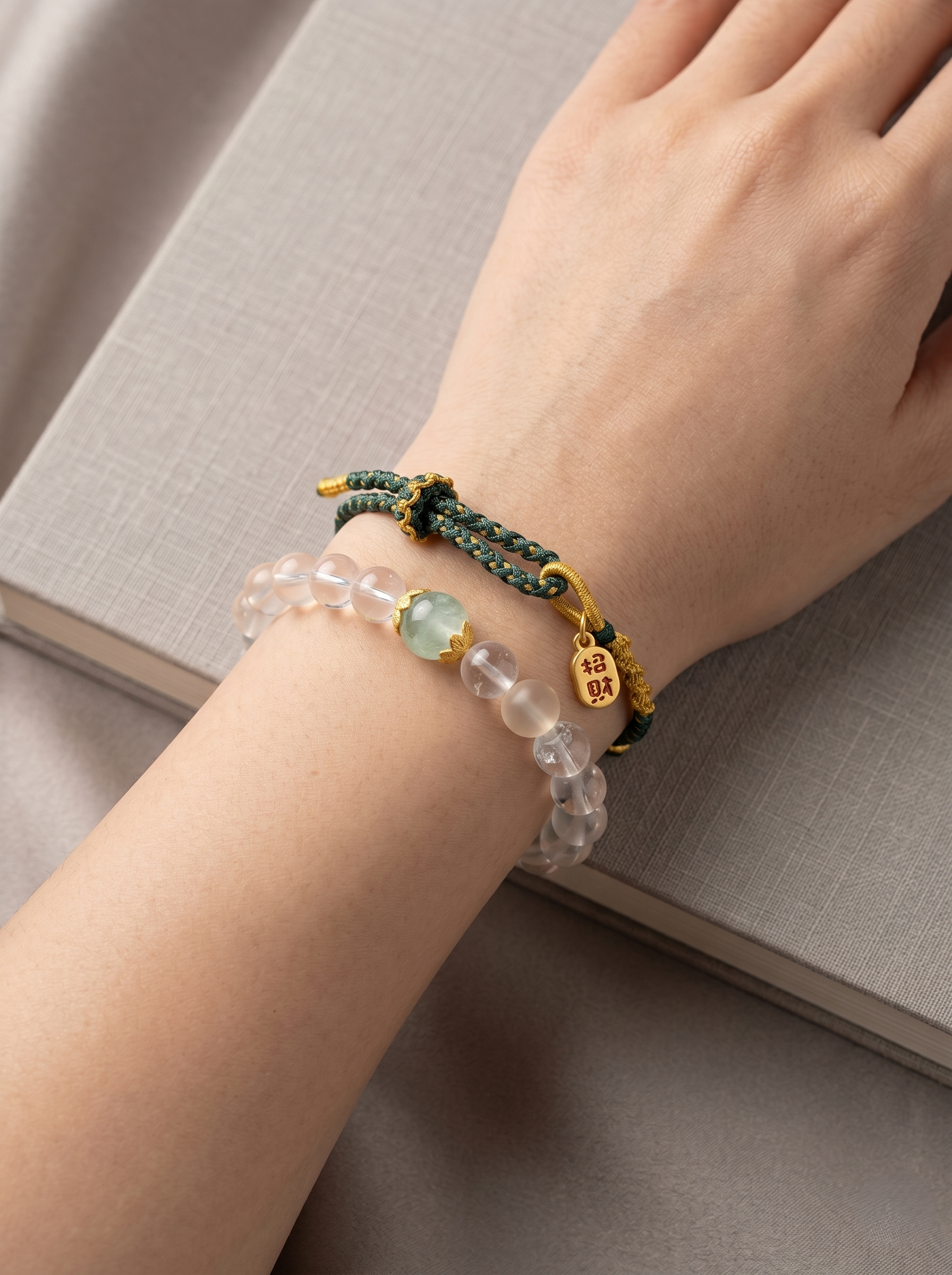 ORIENTAL VIBE | Grain in Ear Handcrafted Dragon Scale Bracelet with "Fortune & Blessing" Charm, Adjustable Sliding Button Knot, Convertible