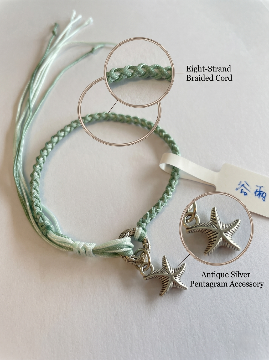 ORIENTAL VIBE | Grain Rain Hand-Woven Dragon Scale Bracelet with Engraved Antique Silver Ring & Starfish Charm, Long Tassel Accent, Adjustable