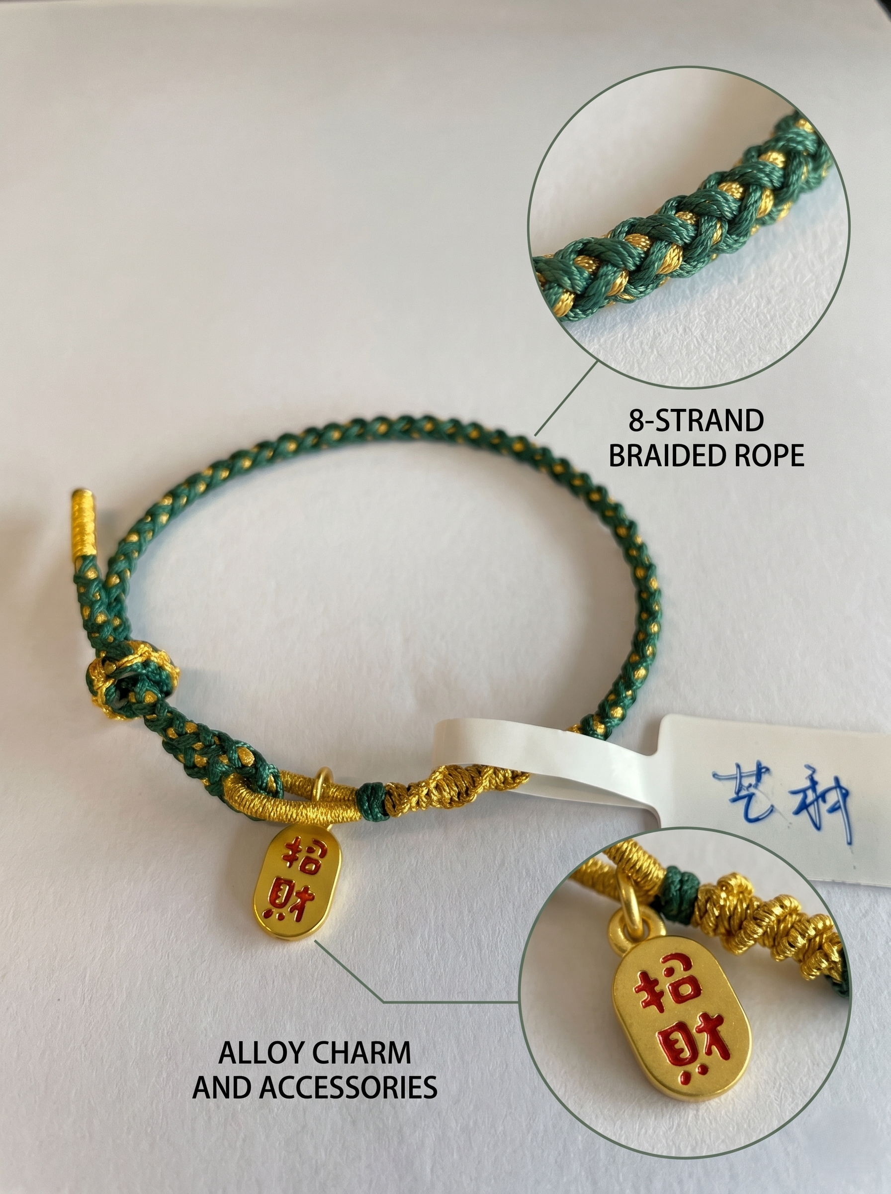 ORIENTAL VIBE | Grain in Ear Handcrafted Dragon Scale Bracelet with "Fortune & Blessing" Charm, Adjustable Sliding Button Knot, Convertible