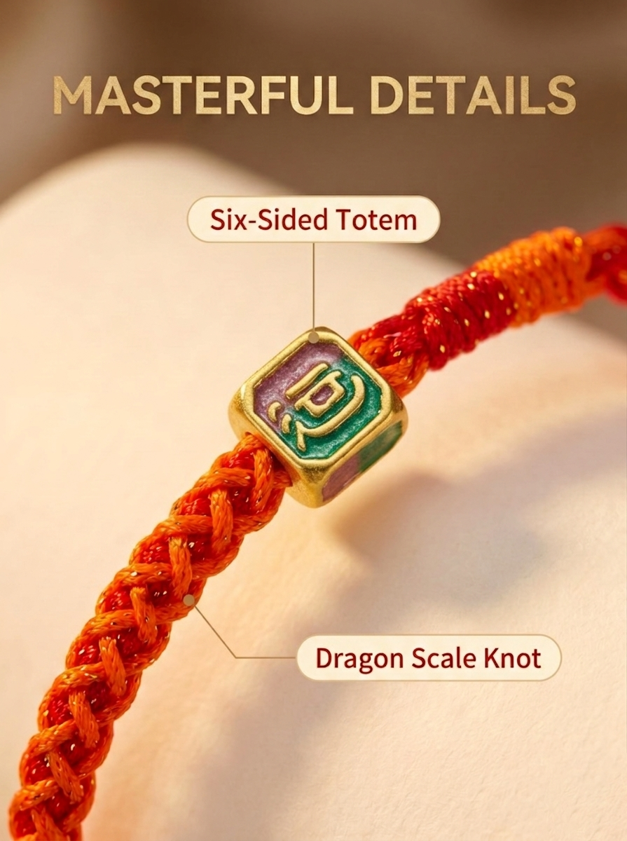 ORIENTAL VIBE | Slight Heat Handcrafted Dragon Scale Bracelet Inlaid with Hexahedron Ornament, Translucent Amber Tail Beads, Adjustable