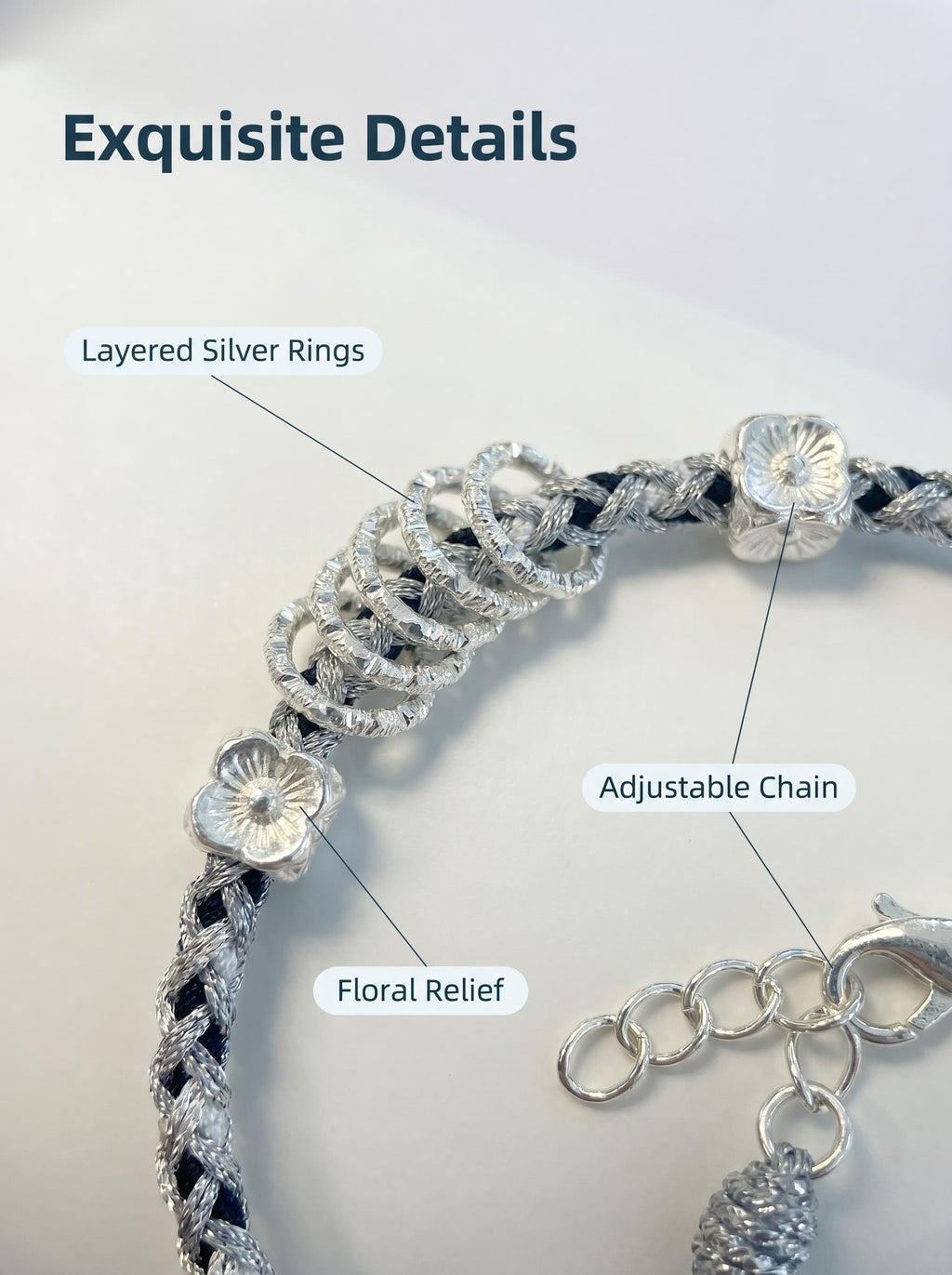 ORIENTAL VIBE | "Heavy Snow" Hand-Woven Dragon Scale Bracelet, Featuring Silvery Rings & Relief-Sculpted Blossom, with a Sleek Metallic Clasp