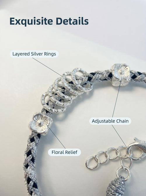 ORIENTAL VIBE | "Heavy Snow" Hand-Woven Dragon Scale Bracelet, Featuring Silvery Rings & Relief-Sculpted Blossom, with a Sleek Metallic Clasp