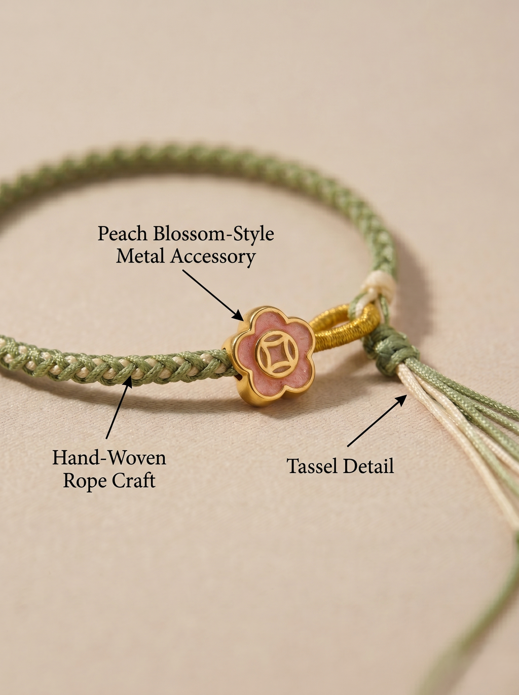 ORIENTAL VIBE | Beginning of Spring "Awakening of Spring" Tender green Hand-Woven Dragon Scale Bracelet with Peach Blossom Accent, Adjustable