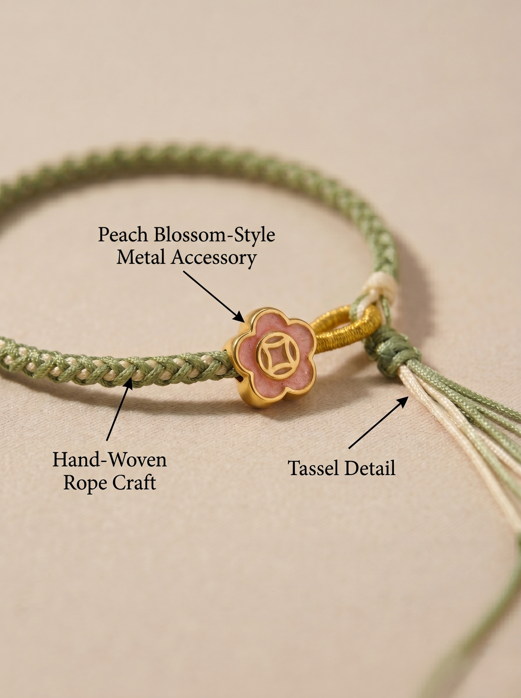 ORIENTAL VIBE | Beginning of Spring "Awakening of Spring" Tender green Hand-Woven Dragon Scale Bracelet with Peach Blossom Accent, Adjustable