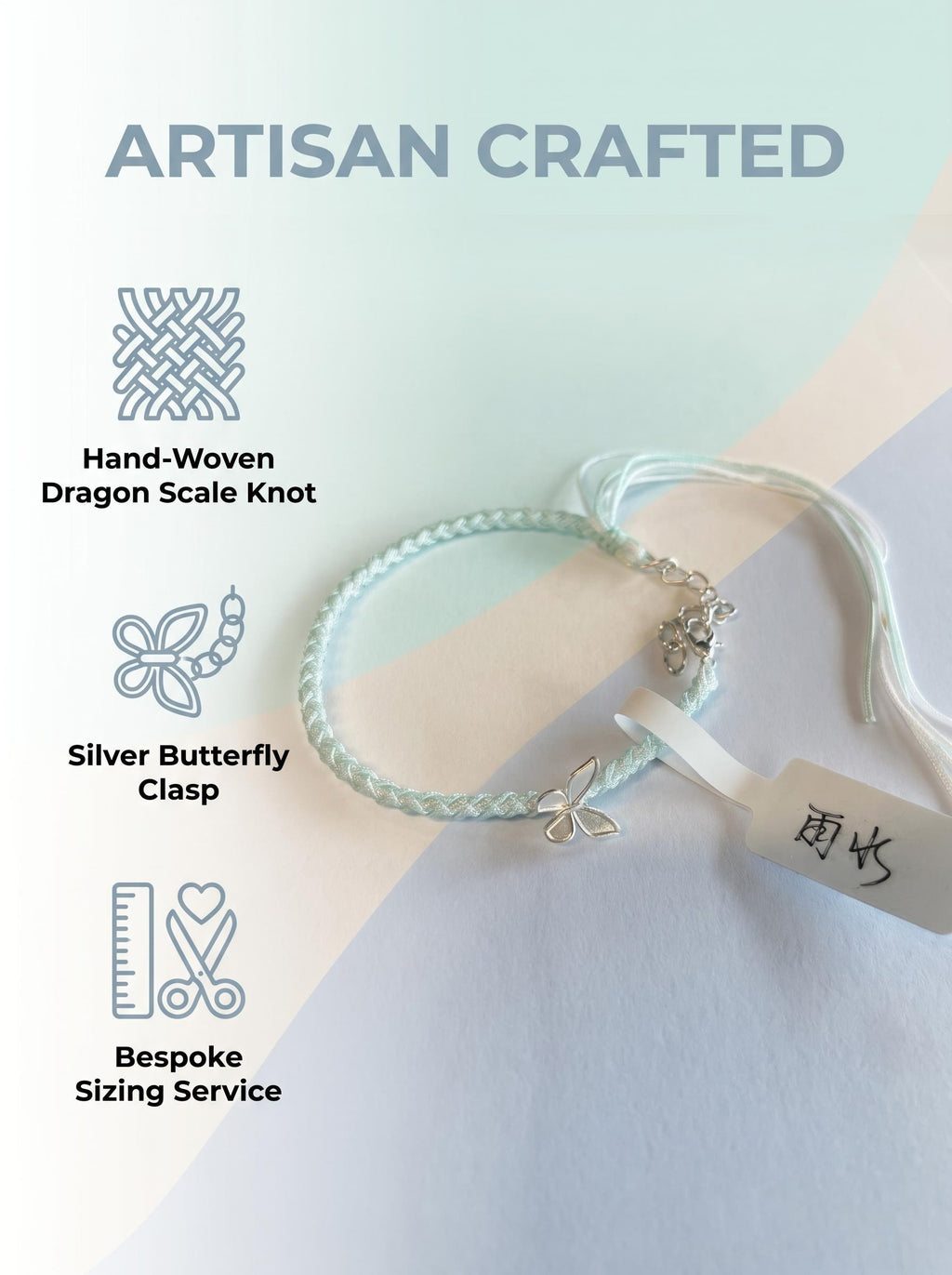 ORIENTAL VIBE | Rain Water "Spring Rain Nurtures All" Pale blueHand-Woven Dragon Scale Bracelet with Silver Butterfly Charm
