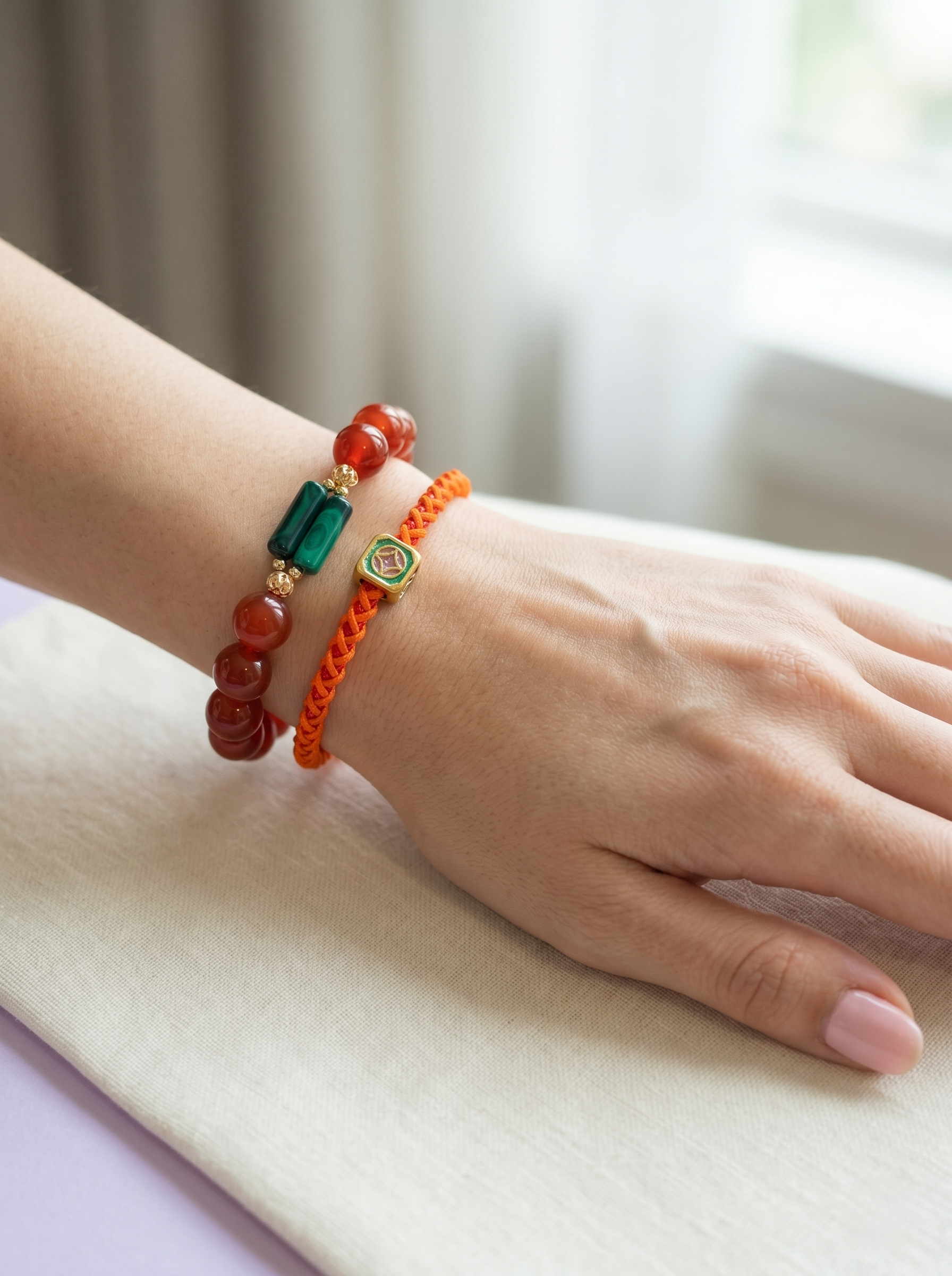 ORIENTAL VIBE | Slight Heat Handcrafted Dragon Scale Bracelet Inlaid with Hexahedron Ornament, Translucent Amber Tail Beads, Adjustable