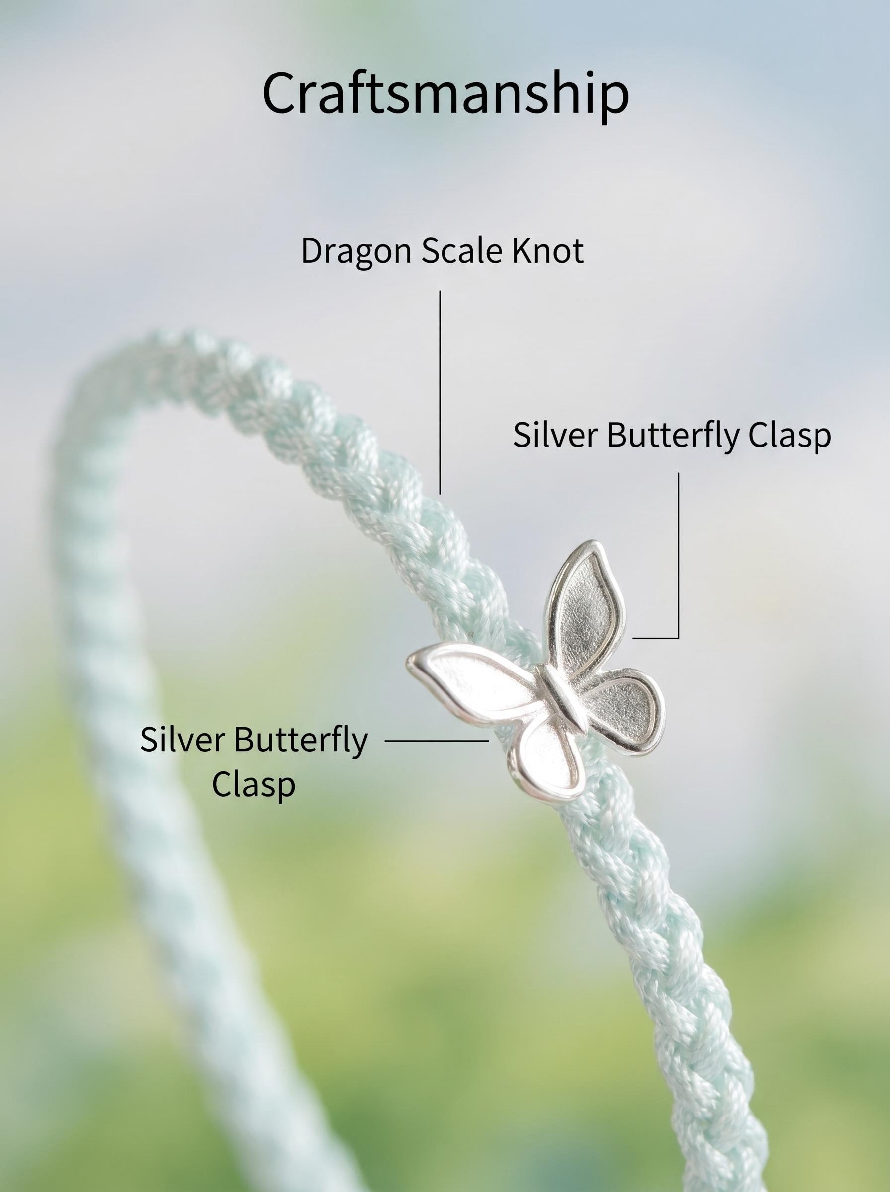 ORIENTAL VIBE | Rain Water "Spring Rain Nurtures All" Pale blueHand-Woven Dragon Scale Bracelet with Silver Butterfly Charm