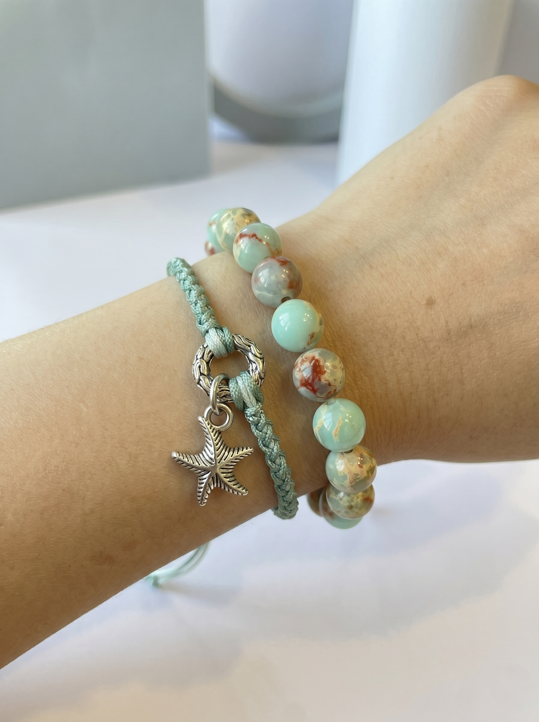 ORIENTAL VIBE | Grain Rain Hand-Woven Dragon Scale Bracelet with Engraved Antique Silver Ring & Starfish Charm, Long Tassel Accent, Adjustable