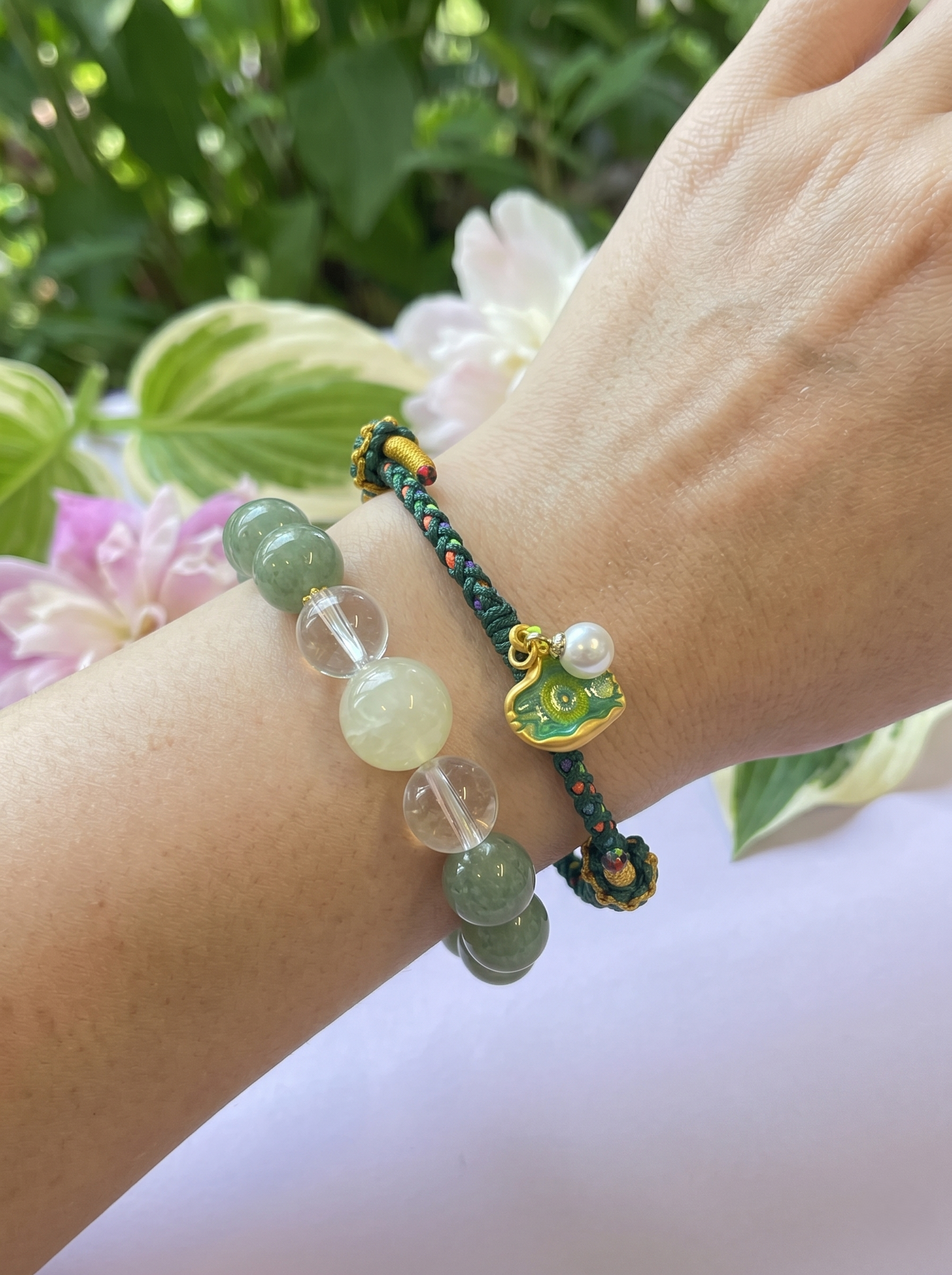 ORIENTAL VIBE | Start of Summer Handcrafted Dragon Scale Bracelet with Lotus Leaf & Seedpod Charms, Gold Wire Wrapped Closure & Double-Loop Clasp, Adjustable