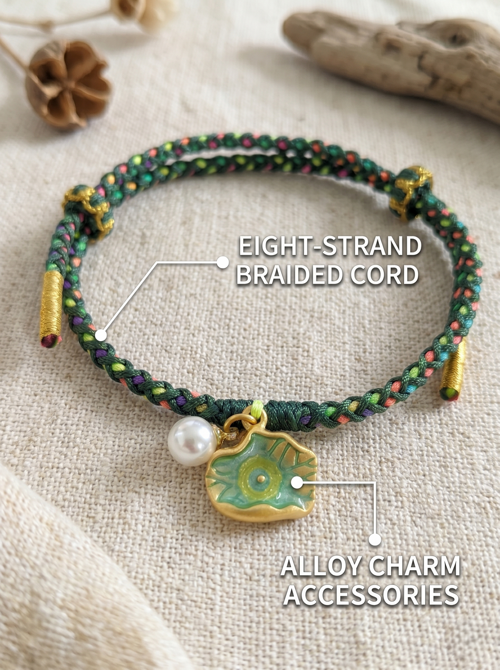 ORIENTAL VIBE | Start of Summer Handcrafted Dragon Scale Bracelet with Lotus Leaf & Seedpod Charms, Gold Wire Wrapped Closure & Double-Loop Clasp, Adjustable
