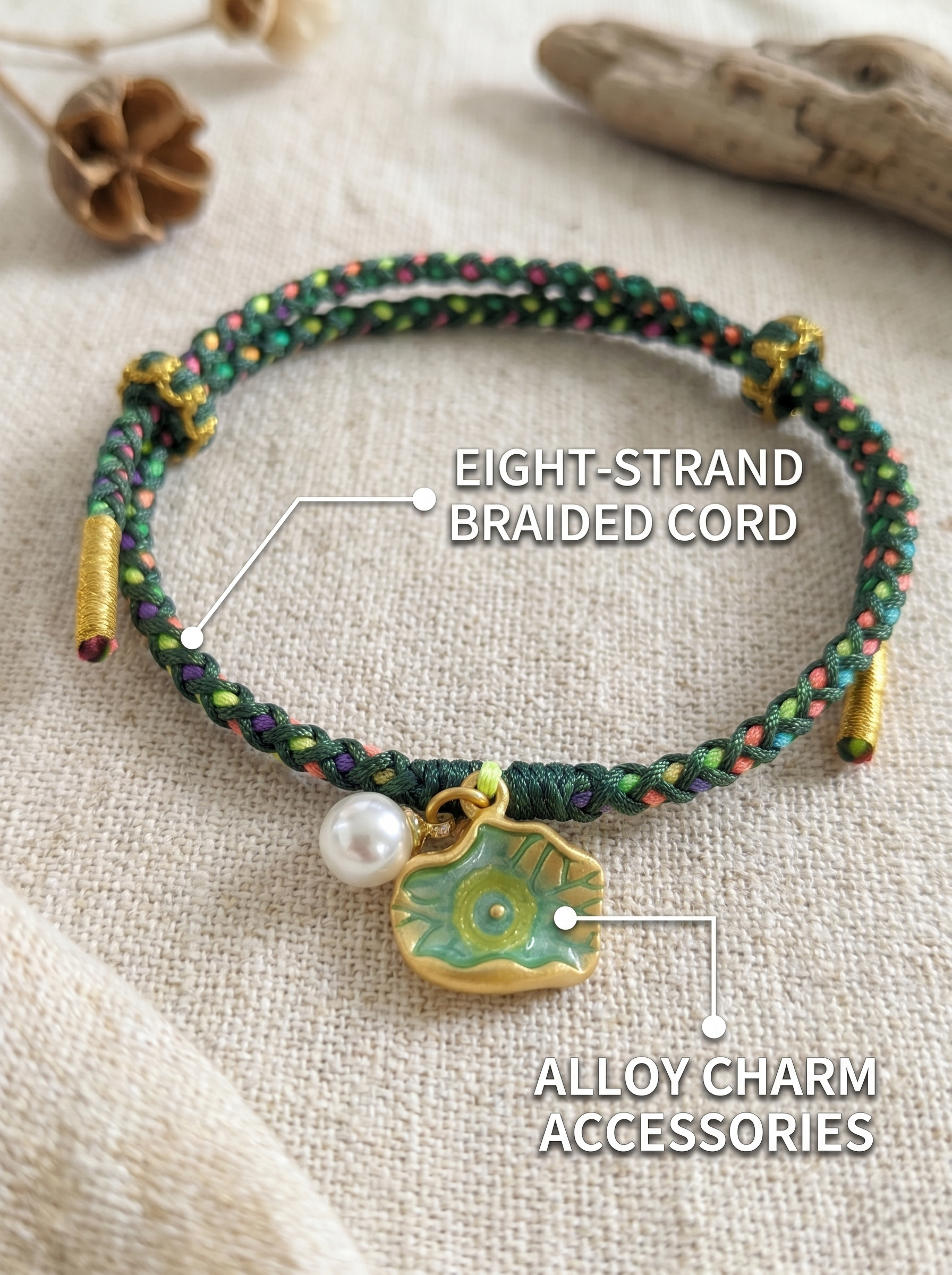ORIENTAL VIBE | Start of Summer Handcrafted Dragon Scale Bracelet with Lotus Leaf & Seedpod Charms, Gold Wire Wrapped Closure & Double-Loop Clasp, Adjustable