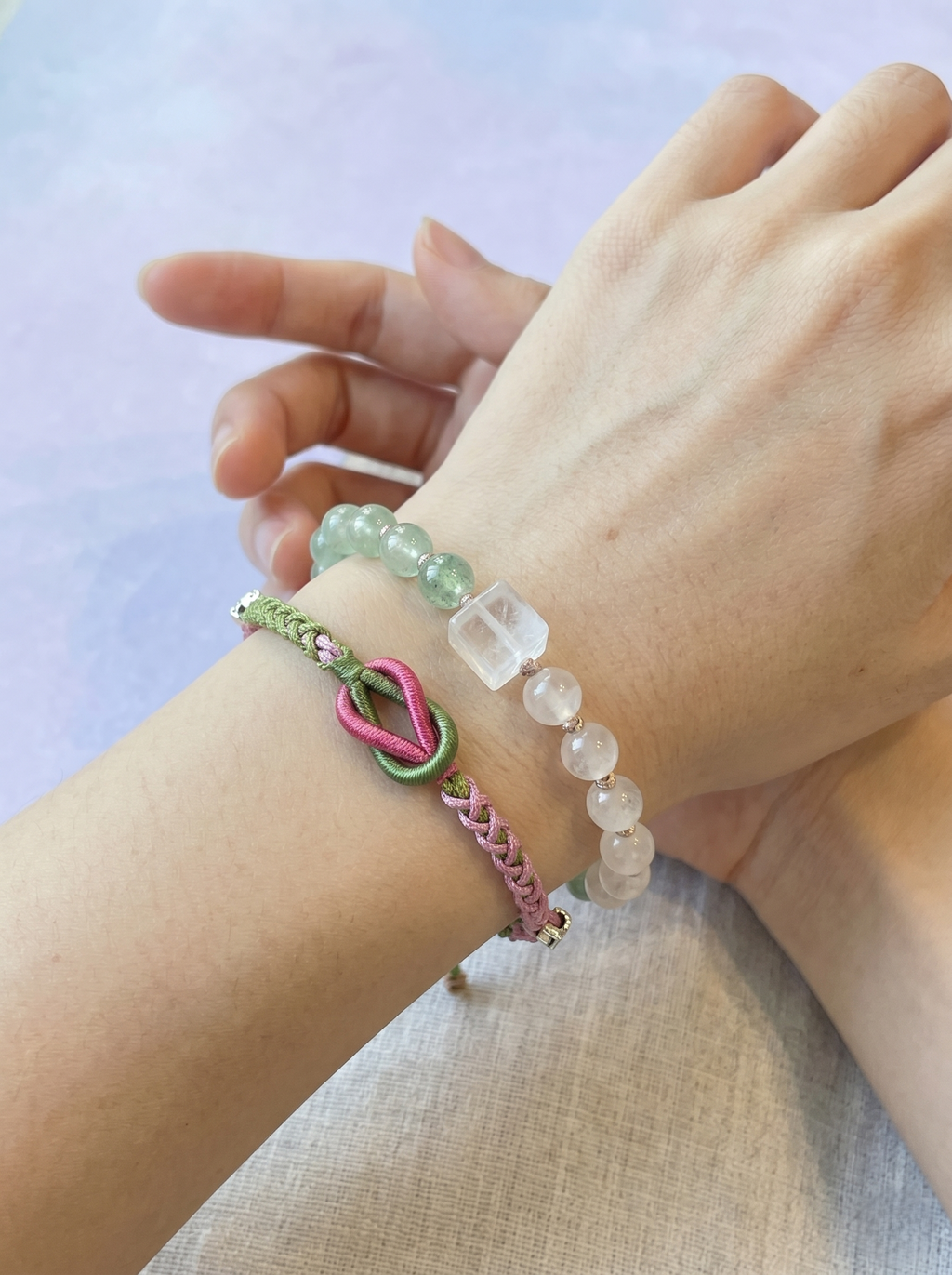 ORIENTAL VIBE | "Balanced Spring" Handcrafted Dragon Scale Braided Bracelet, Featuring Pink & Green Interwoven Button Knot, Adjustable