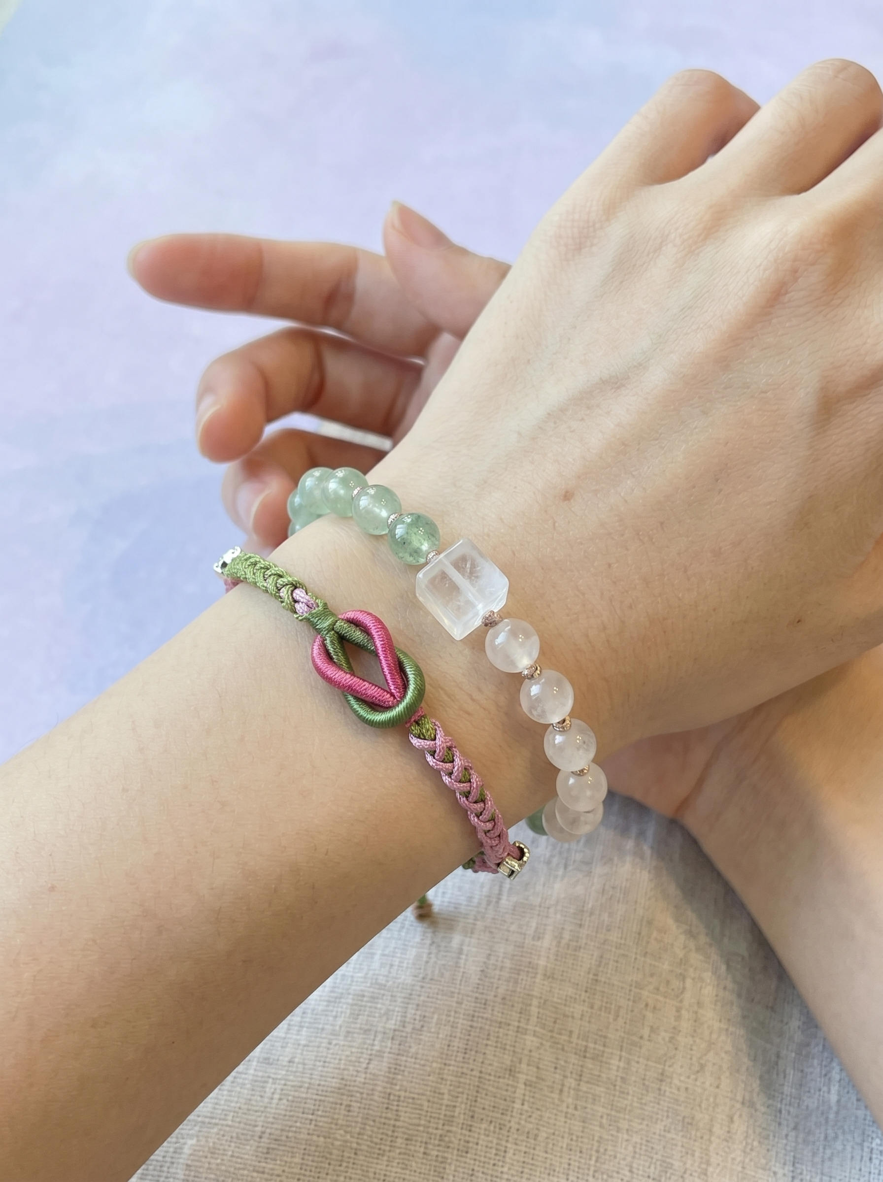 ORIENTAL VIBE | "Balanced Spring" Handcrafted Dragon Scale Braided Bracelet, Featuring Pink & Green Interwoven Button Knot, Adjustable