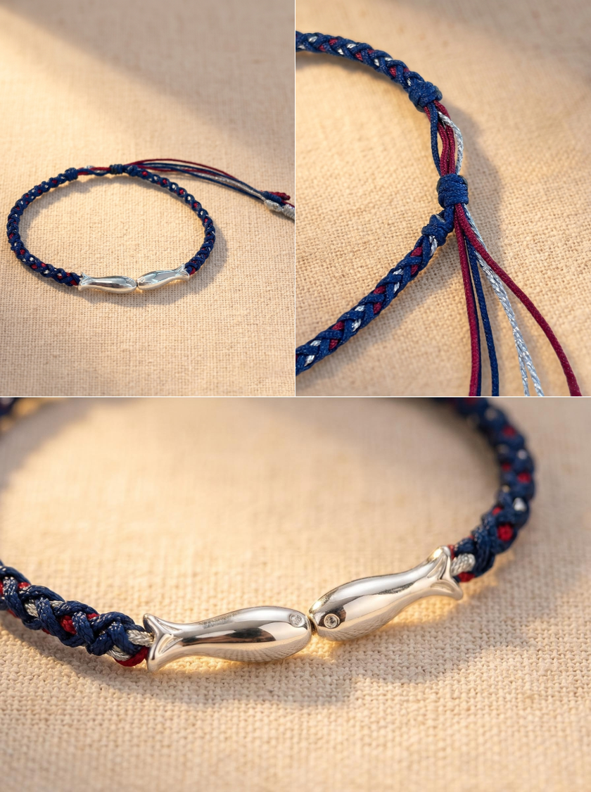 ORIENTAL VIBE | Winter Solstice Handcrafted Dragon Scale Bracelet with Two Lively Silver-Toned Fish Charms, Highly Inclusive Multi-Color Adjustable Drawstring