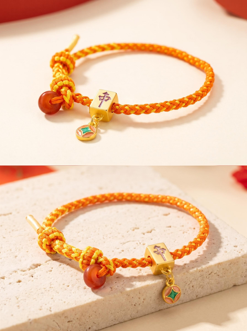 ORIENTAL VIBE | "Summer Solstice" Hand-Woven Dragon Scale Bracelet, Featuring Guochao Mahjong "Chung" Element, Lustrous Vermilion Beads & Gold Wire Wrapping, Adjustable