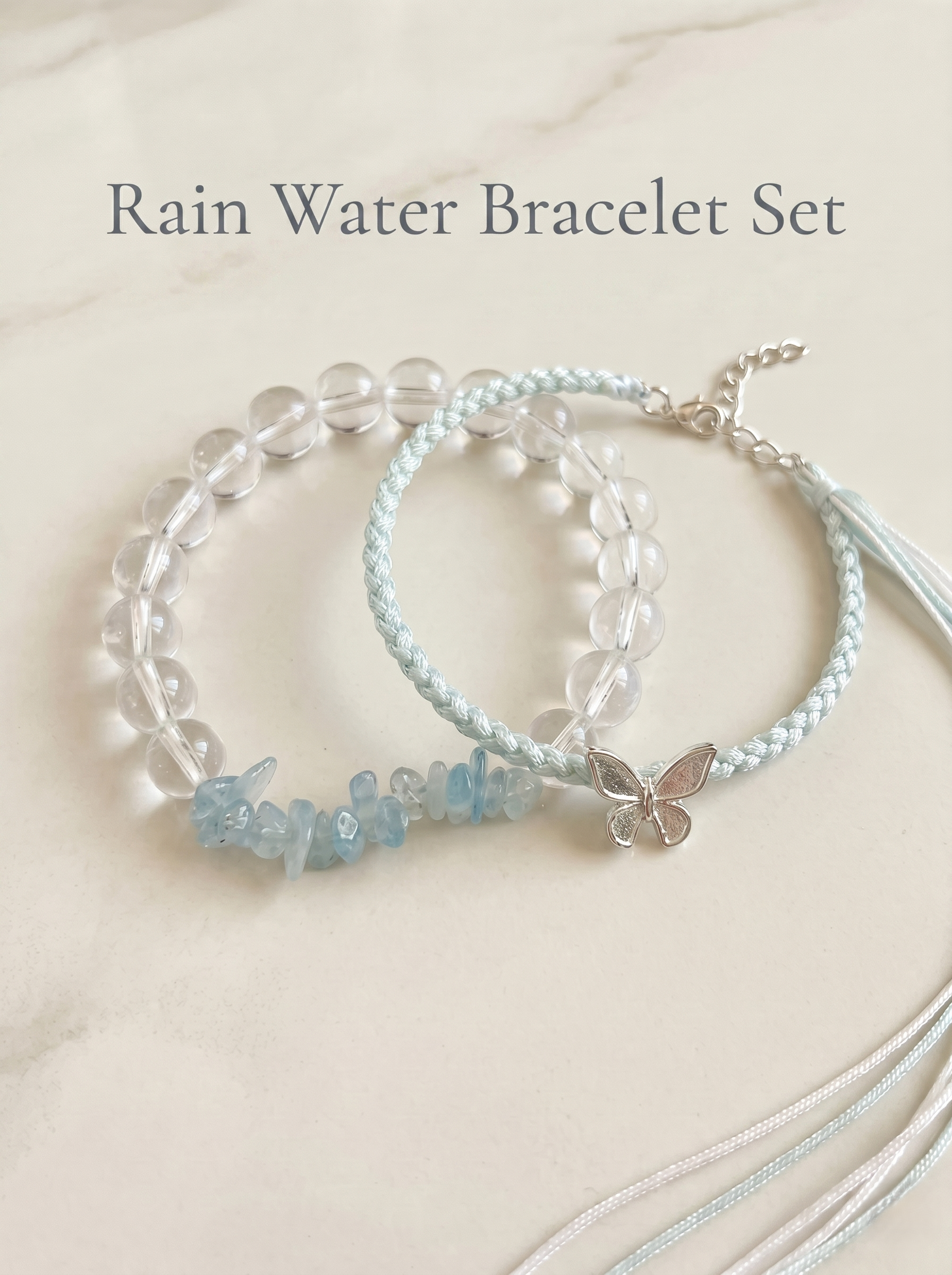 ORIENTAL VIBE | Rain Water "Spring Rain Nurtures All" Pale blueHand-Woven Dragon Scale Bracelet with Silver Butterfly Charm