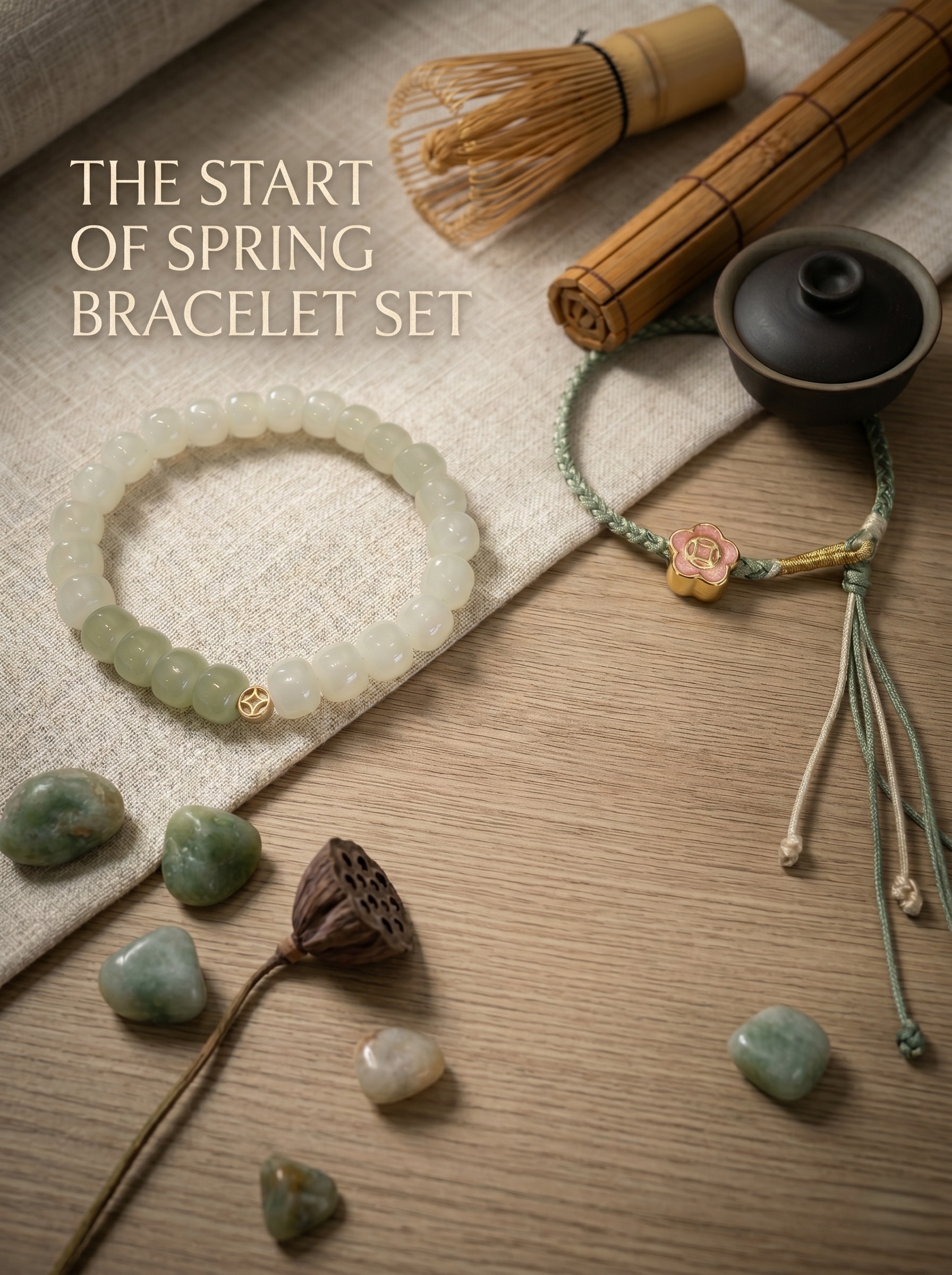 ORIENTAL VIBE | Beginning of Spring "Awakening of Spring" Tender green Hand-Woven Dragon Scale Bracelet with Peach Blossom Accent, Adjustable