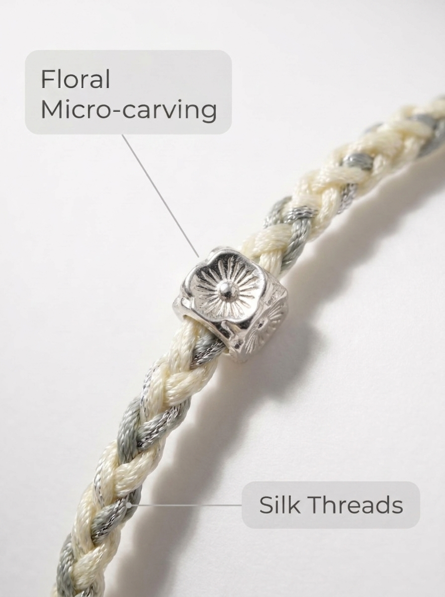 ORIENTAL VIBE | White Dew Handcrafted Dragon Scale Bracelet Inlaid with 3D Micro-Carved Silver Floral Motif, Finished with Four Silk Tassel Dewdrops, Adjustable