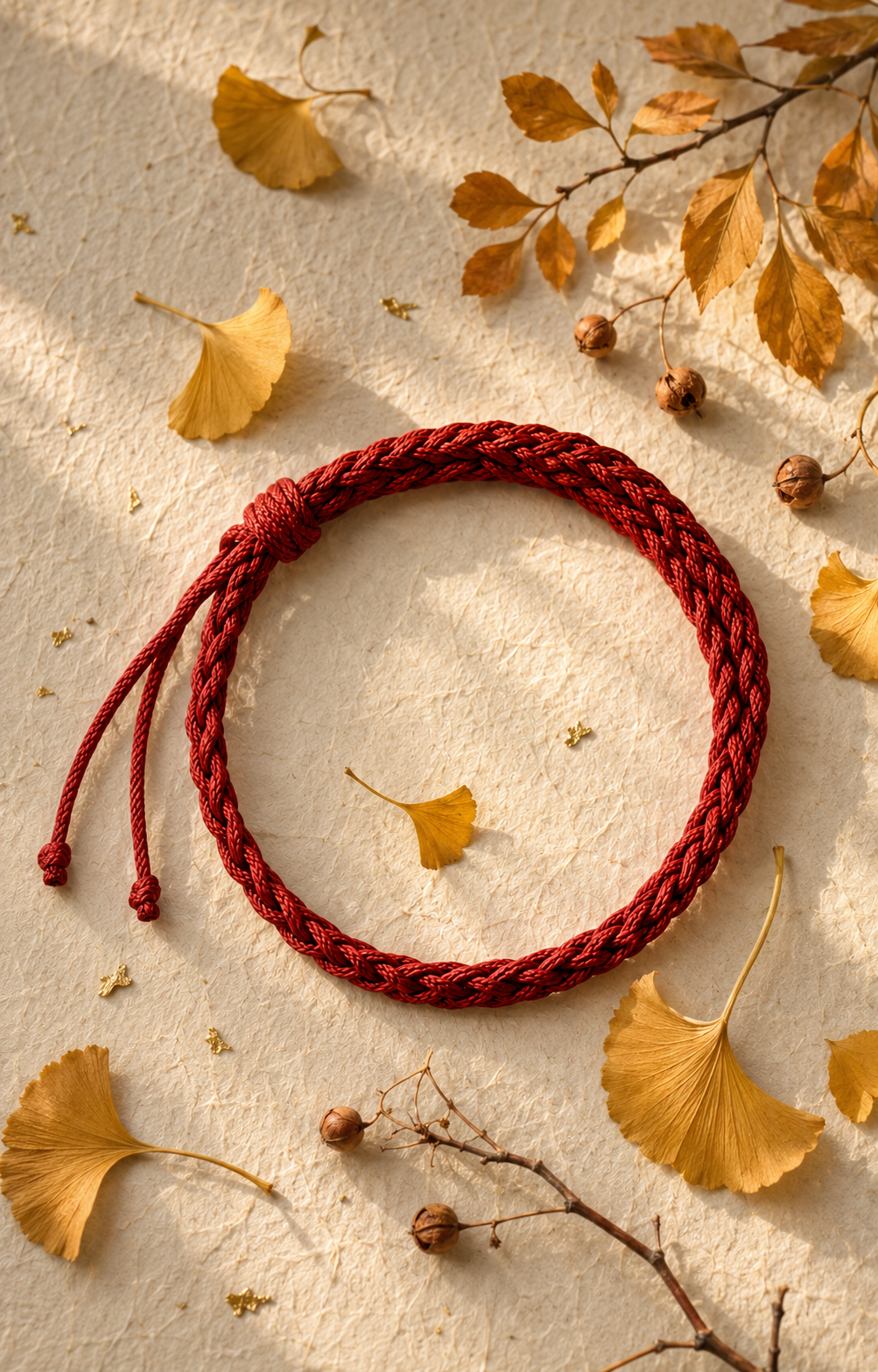 Autumn seasonal collection cover with red braided cord and golden ginkgo leaves