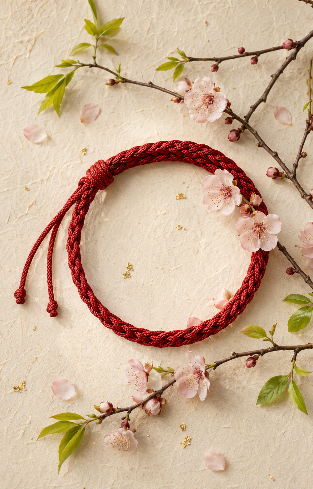 Spring seasonal collection cover with red braided cord and plum blossoms