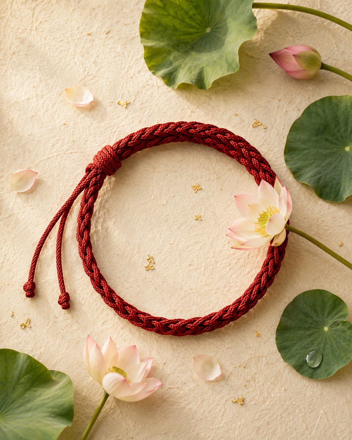 Summer seasonal collection cover with red braided cord and lotus leaves