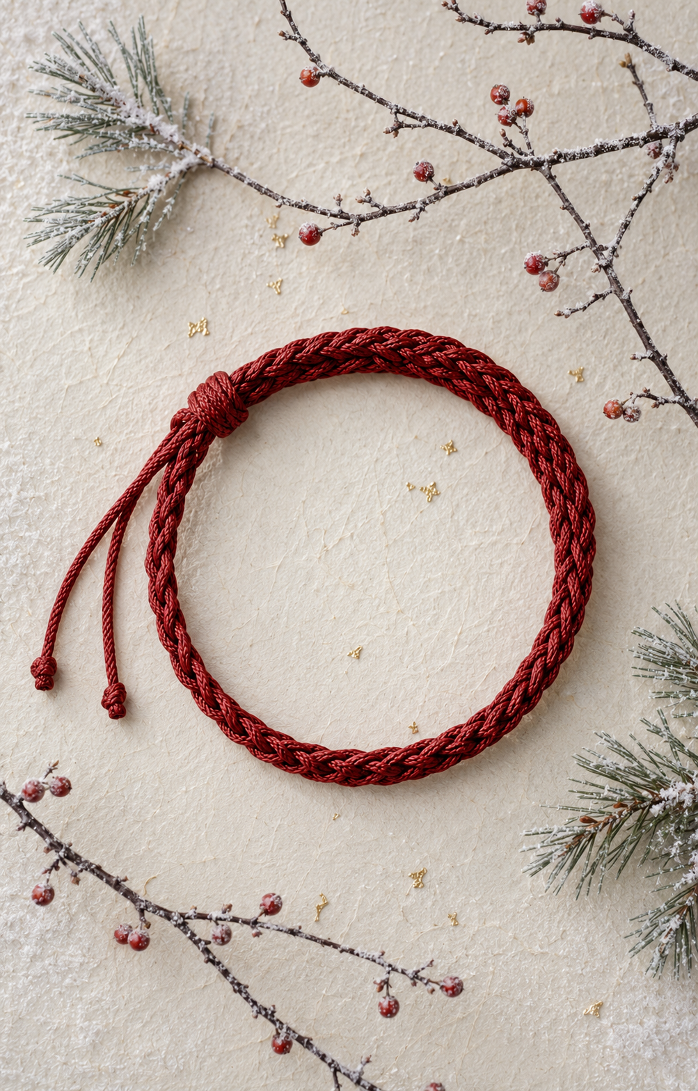 Winter seasonal collection cover with red braided cord, plum branches, and evergreen needles