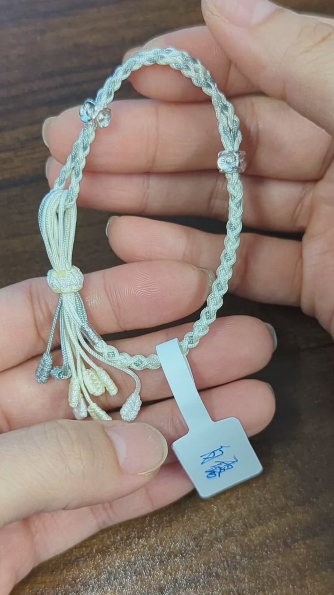 ORIENTAL VIBE | White Dew Handcrafted Dragon Scale Bracelet Inlaid with 3D Micro-Carved Silver Floral Motif, Finished with Four Silk Tassel Dewdrops, Adjustable